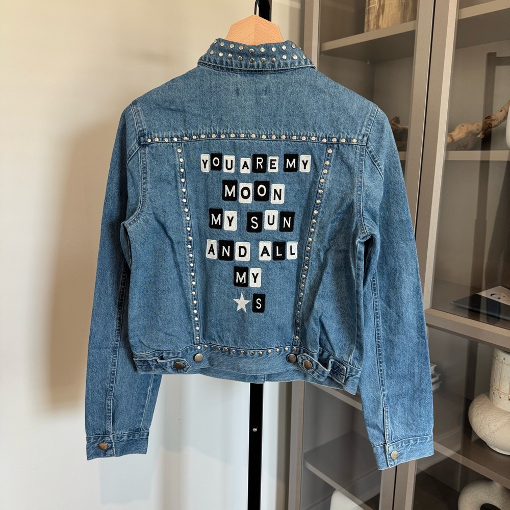 Samantha Sipos Blue Denim Studded Embroidered You Are My Moon Jean Jacket Small